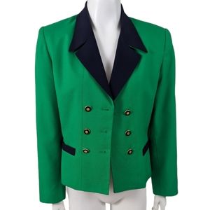 Kasper Vintage 90s Blazer Womens 8 Green Navy Blue Spread Collar Power Suit